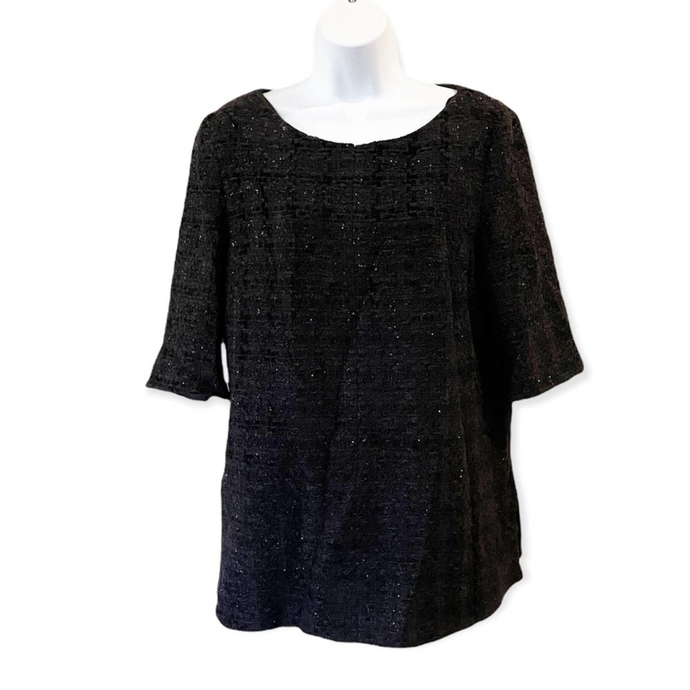MM LaFleur Wool Textured Sweater Top Black Shimmer 3/4 Length Sleeve Size Large